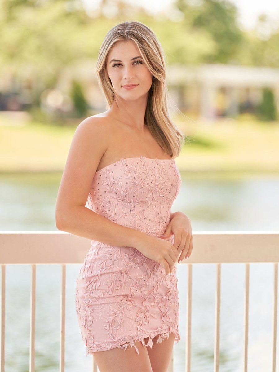 Damaris | Pink Tight Short Lace Homecoming Dress with Appliques - KissProm