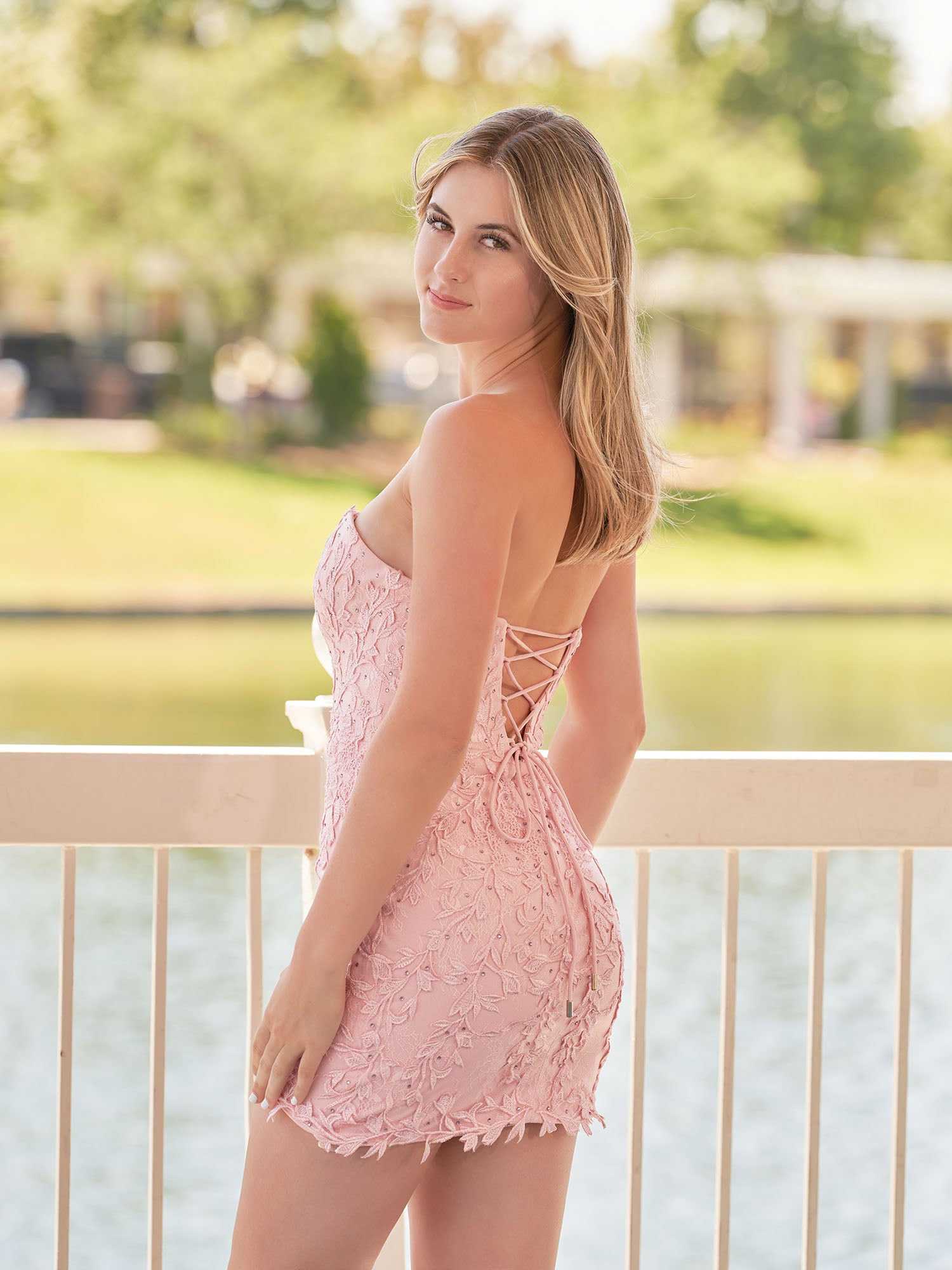 Damaris | Pink Tight Short Lace Homecoming Dress with Appliques