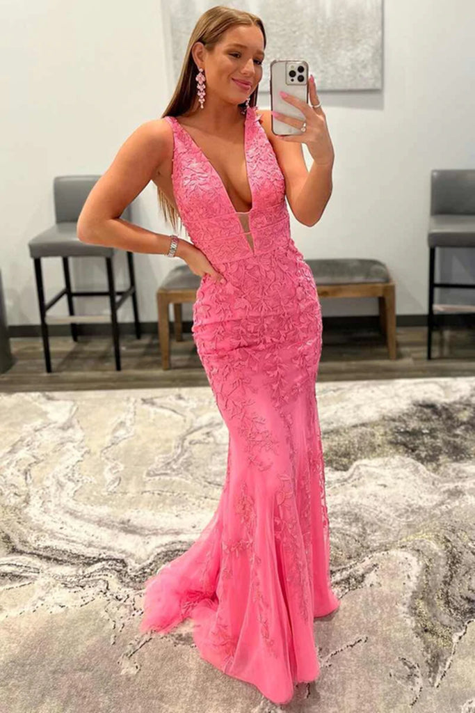 Kallie |Hot Pink Mermaid Plunge V Neck Lace Prom Dress