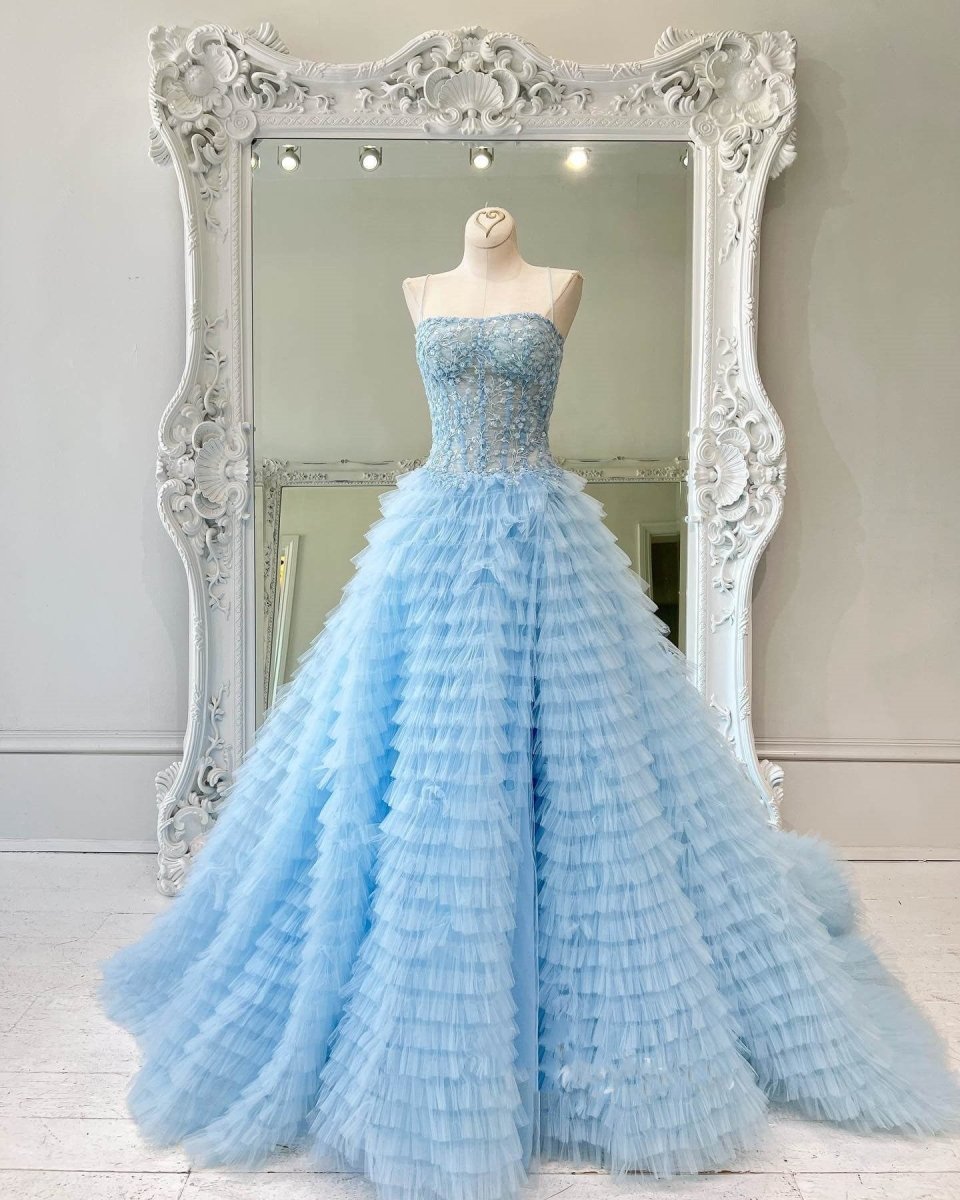 Jordan | A - Line Tiered Sequins Tulle Long Prom Dress - KissProm