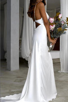 Mermaid Satin White Sweep Train Spaghetti Straps Wedding Dress - KissProm