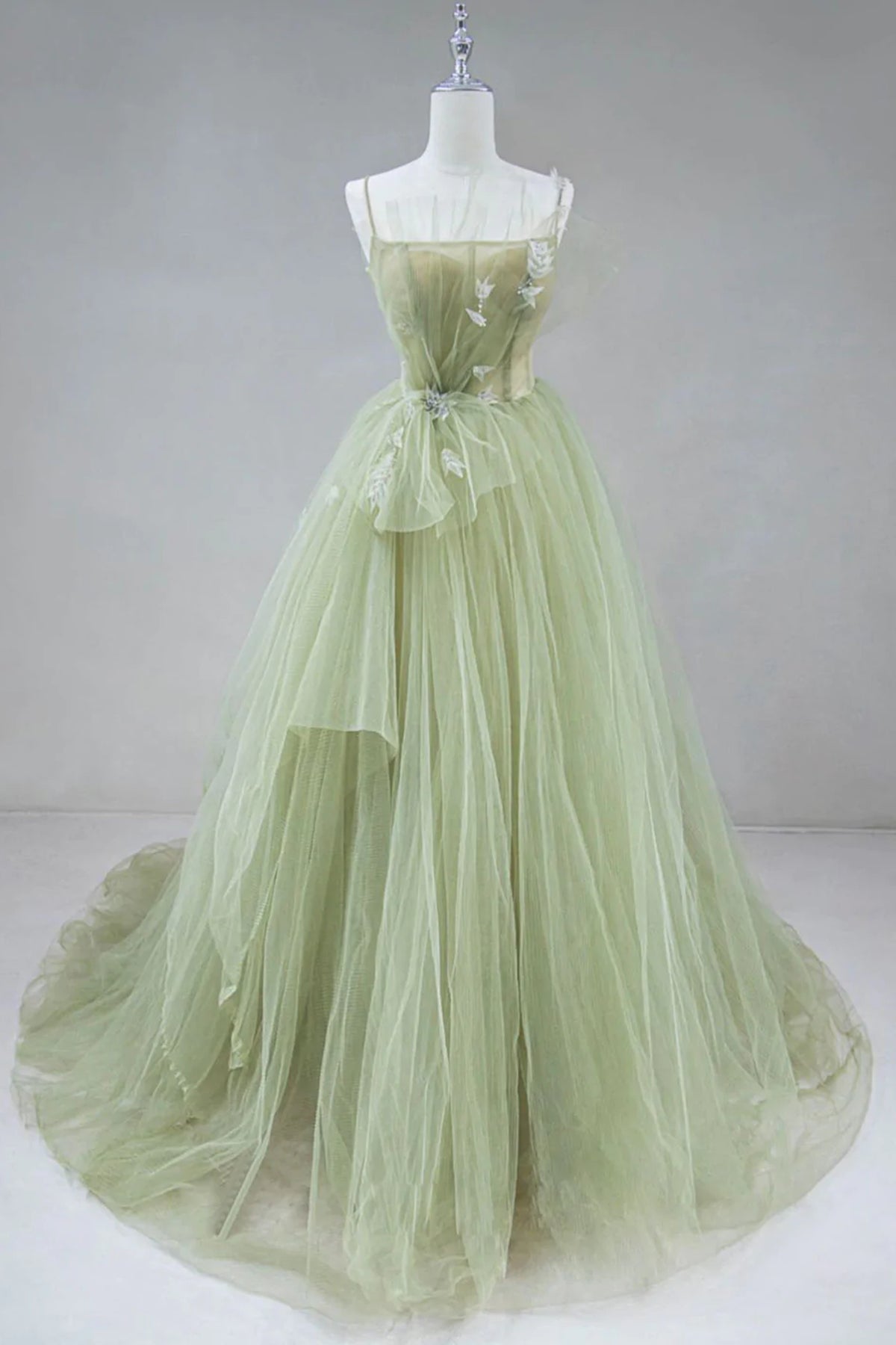 A Line Corset Back Sage Green Tulle Long Quinceanera Dresses