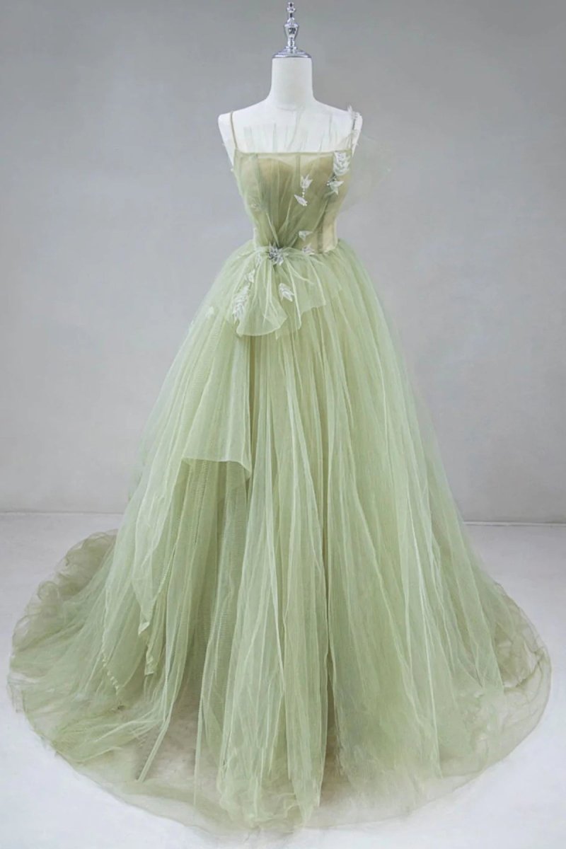 A Line Corset Back Sage Green Tulle Long Dresses - KissProm