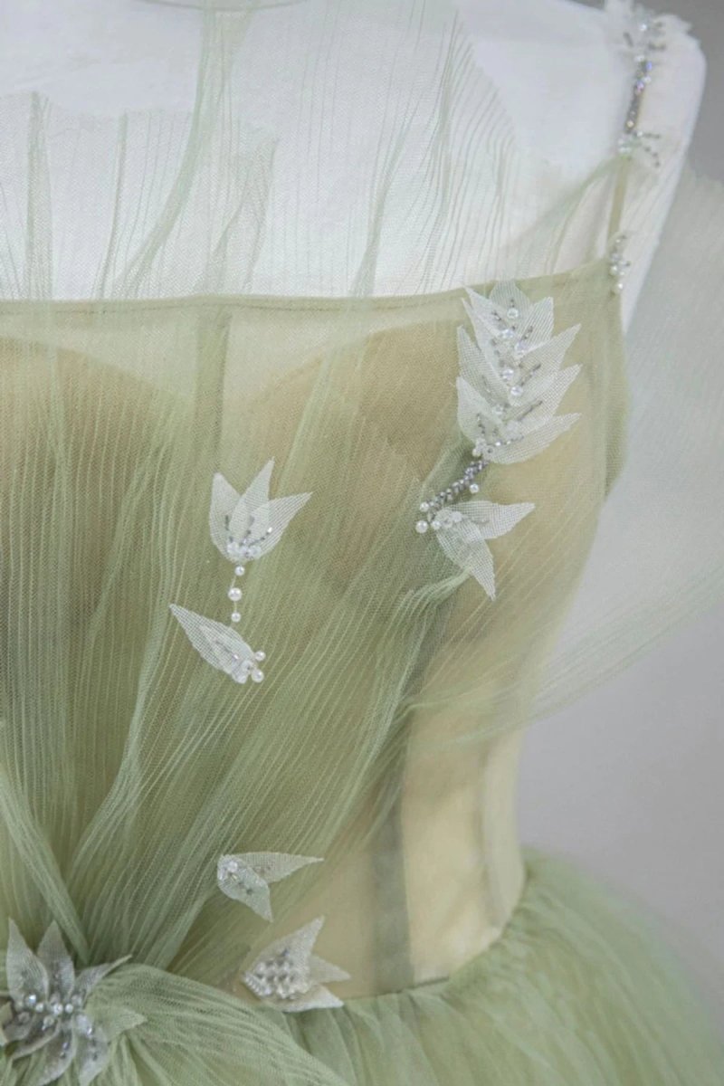 A Line Corset Back Sage Green Tulle Long Dresses - KissProm