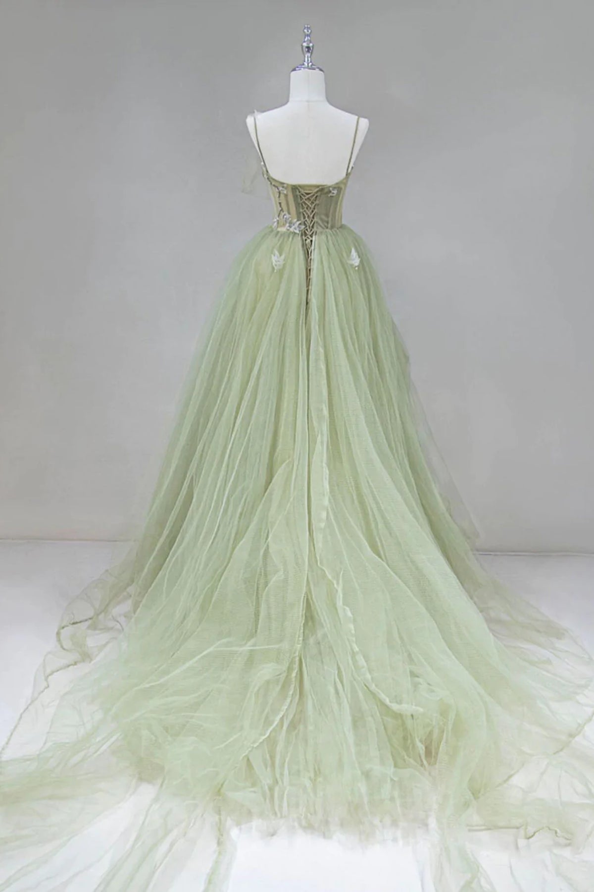 A Line Corset Back Sage Green Tulle Long Quinceanera Dresses