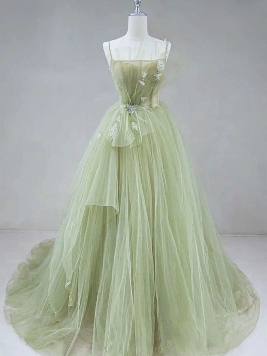 A Line Corset Back Sage Green Tulle Long Dresses - KissProm