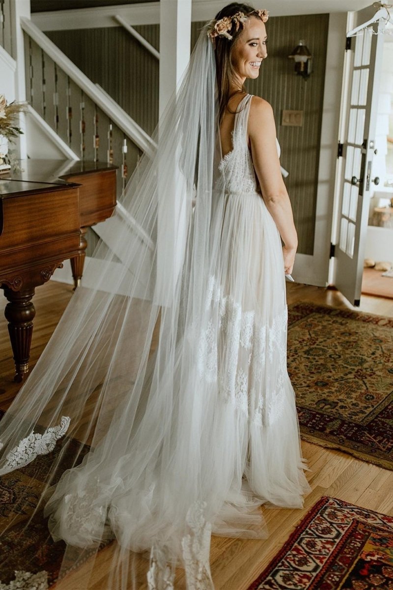 Boho V - Neck Lace Tulle Wedding Dress - KissProm