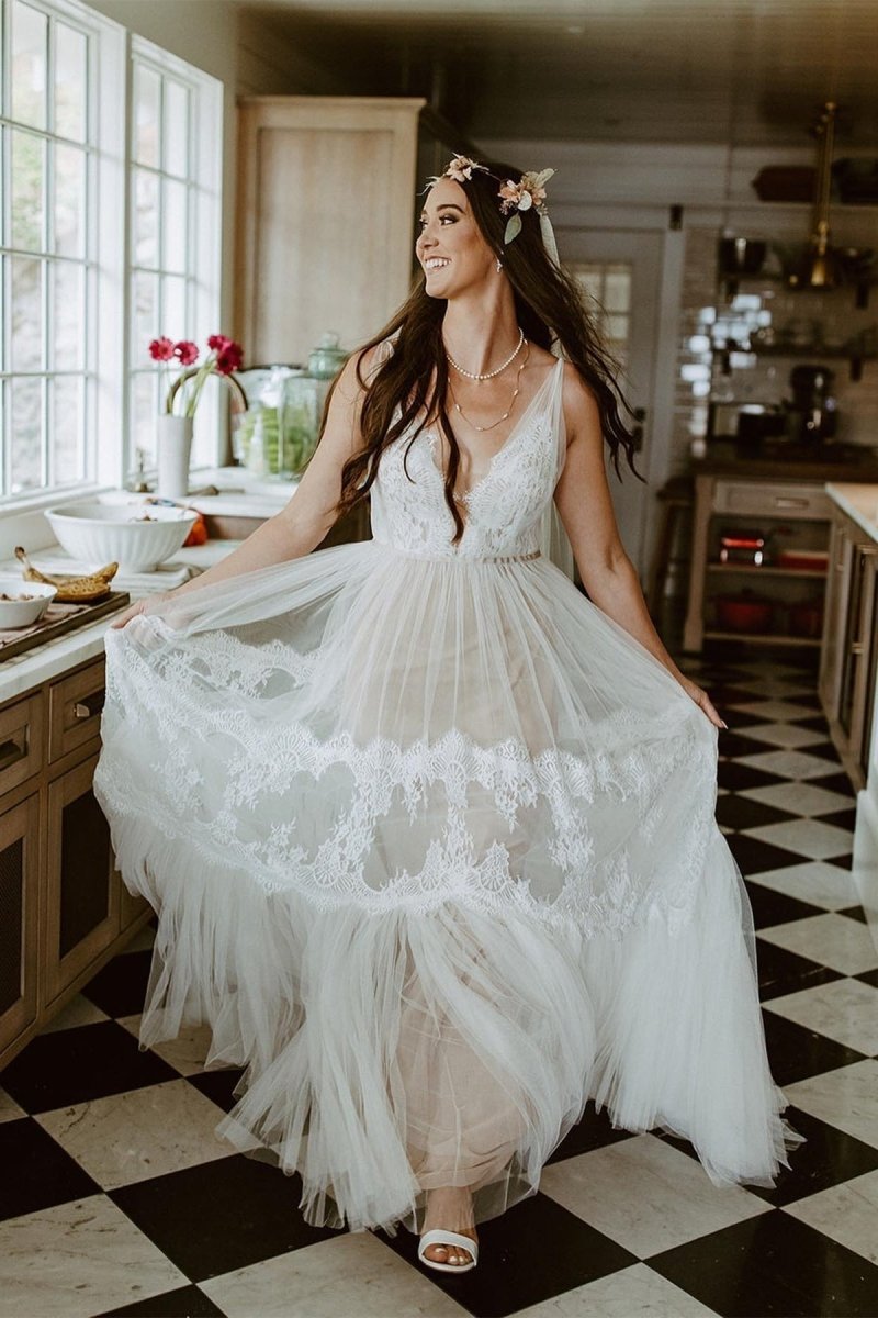 Boho V - Neck Lace Tulle Wedding Dress - KissProm