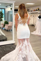 Mermaid Square Neck White Lace Tulle Bridal Dress - KissProm