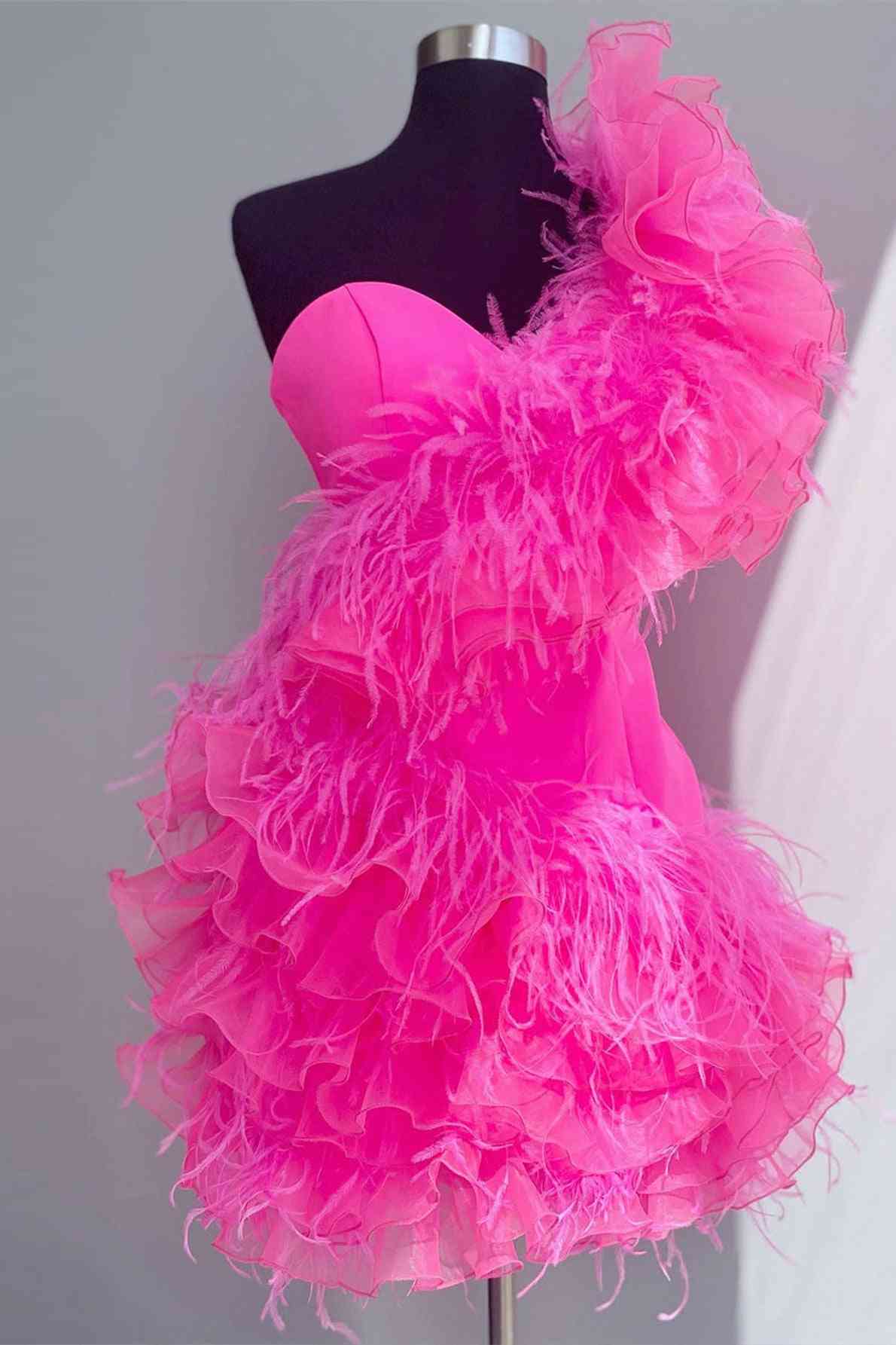 Mirra | Ruffled Tulle Shoulder Hot Pink Short Homecoming Dress with Feather