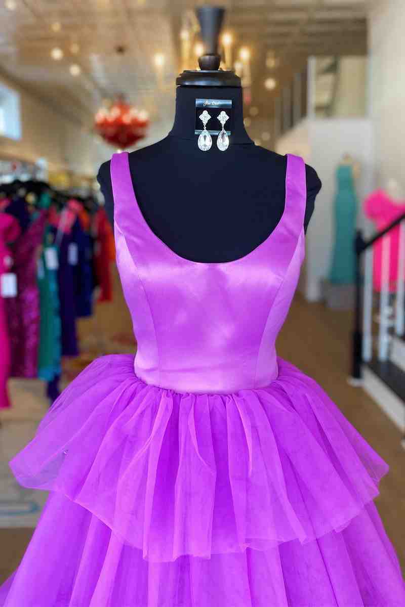 Beth | A-Line Crew Neck Lilac Tiered Tulle Long Formal Dress