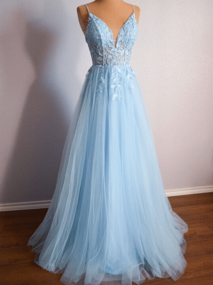 Cynthia | Light Blue V Neck Lace - Up Appliques Tulle Long Prom Dress - KissProm