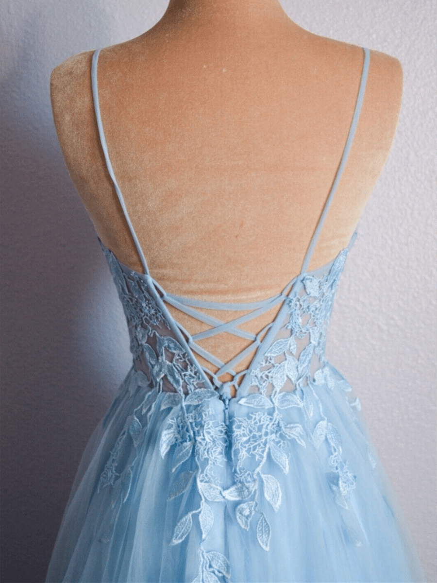 Cynthia | Light Blue V Neck Lace - Up Appliques Tulle Long Prom Dress - KissProm