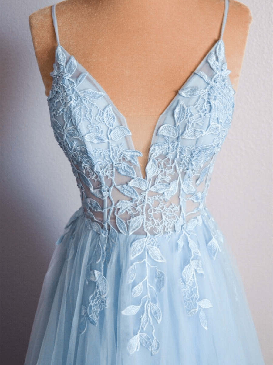 Cynthia | Light Blue V Neck Lace - Up Appliques Tulle Long Prom Dress - KissProm