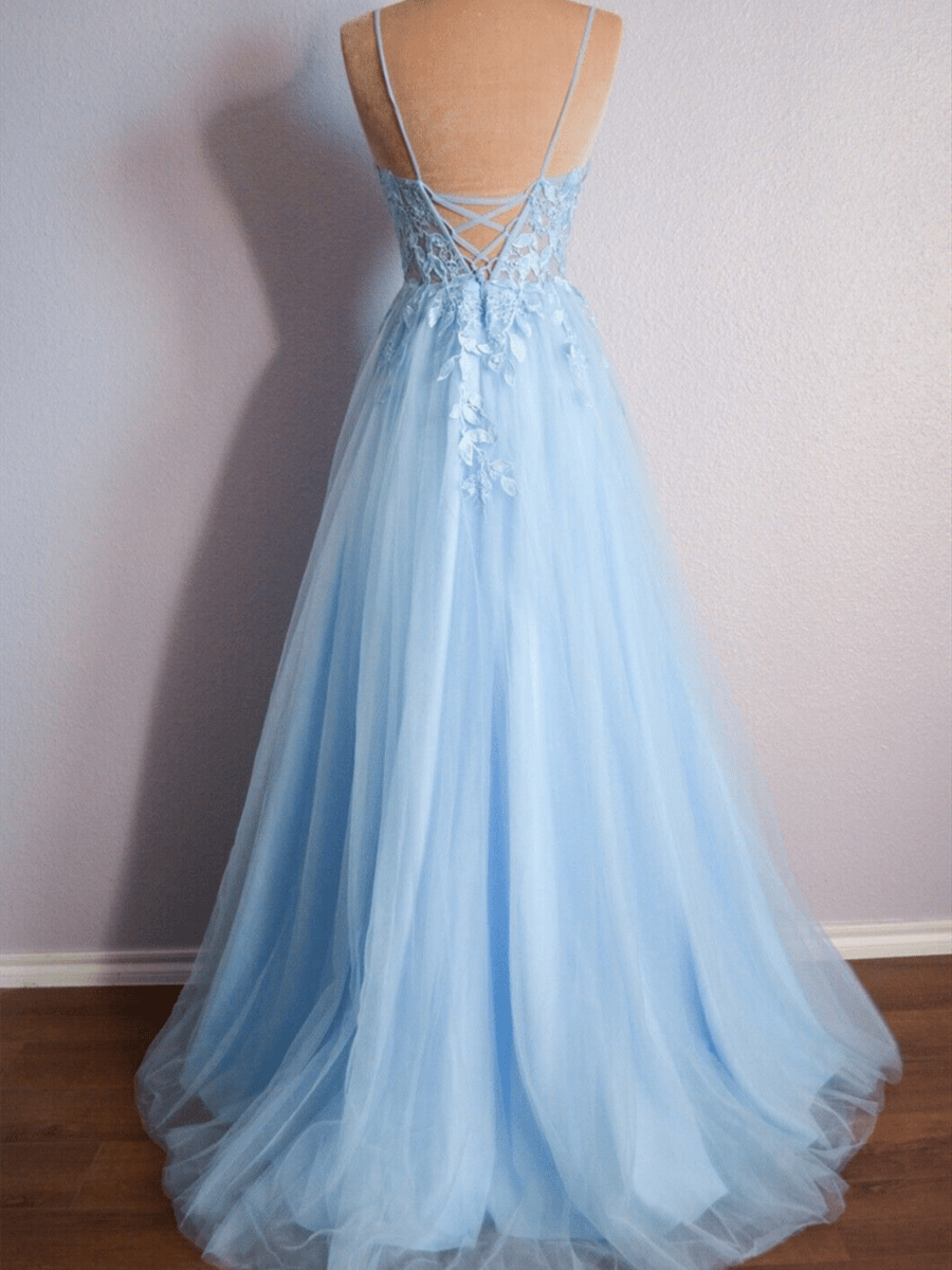 Cynthia | Light Blue V Neck Lace - Up Appliques Tulle Long Prom Dress - KissProm