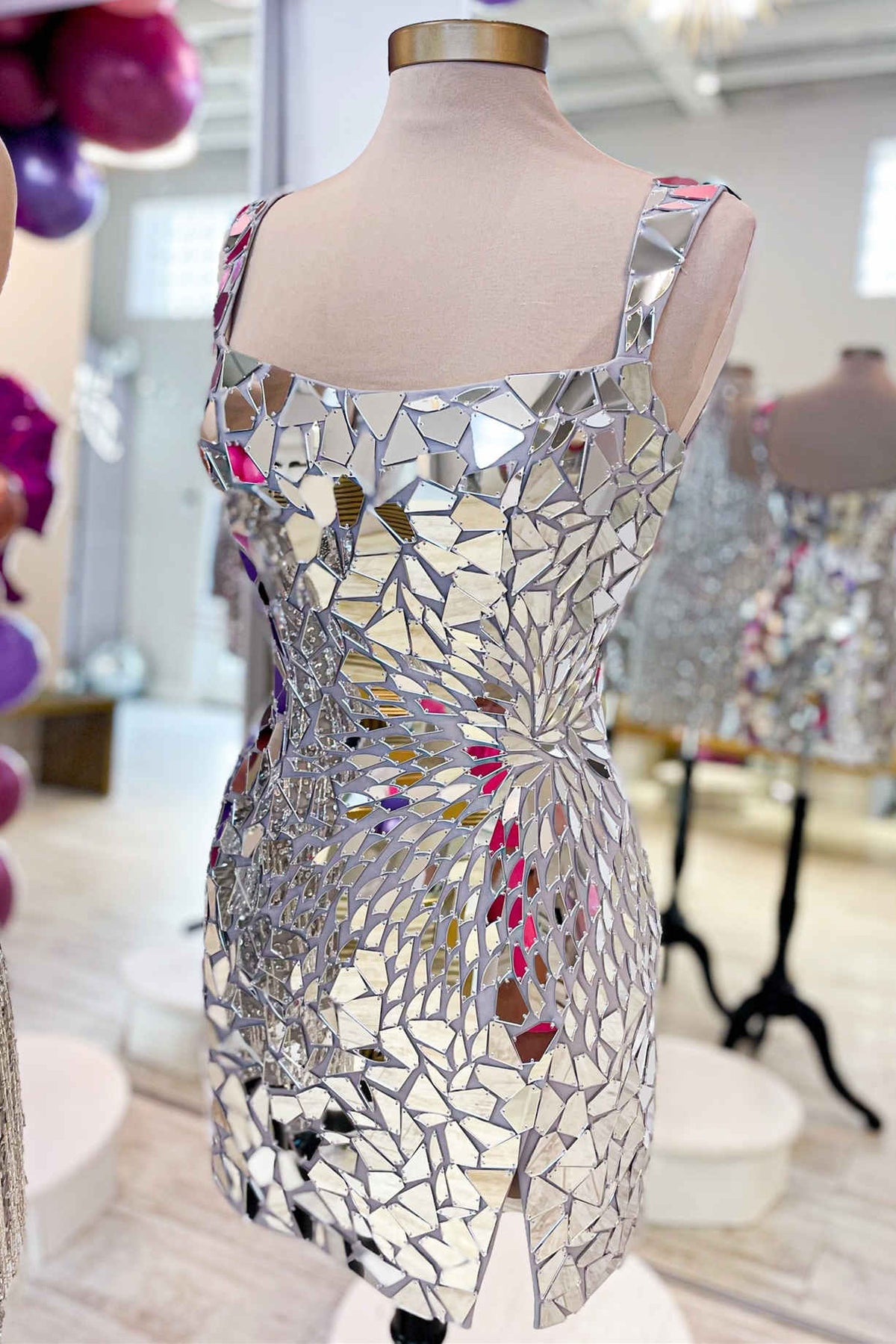 Luz | Square Neck Silver Cut Mirror Sequin Bodycon Homecoming Dress