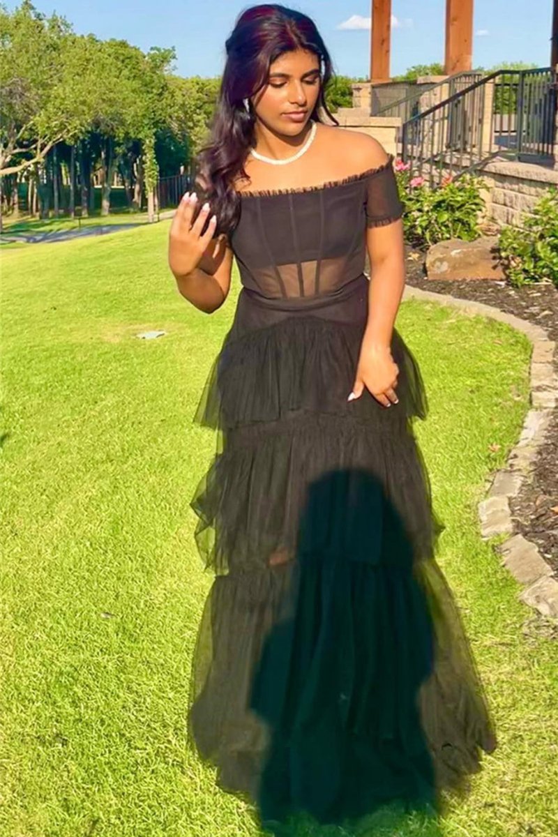 Wilma | Off the Shoulder Black Tiered Tulle Lond Prom Dress - KissProm