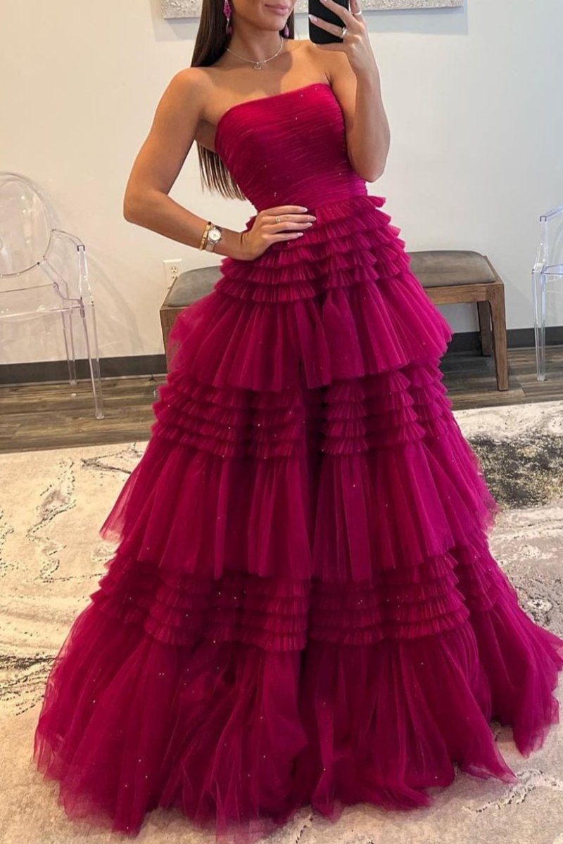 Daniela |A - Line Strapless Tulle Long Prom Dress with Tiered Ruffles - KissProm