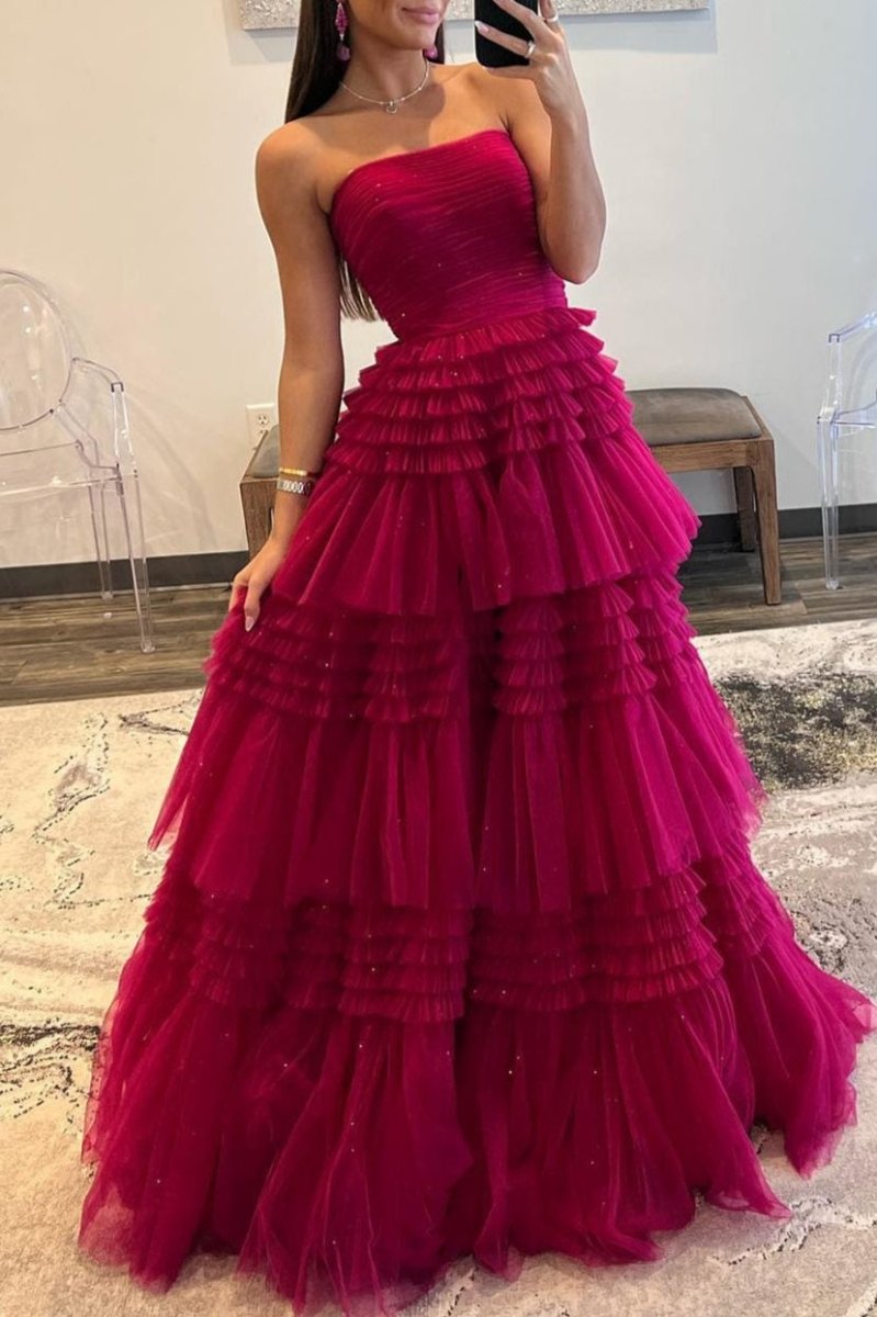 Daniela |A - Line Strapless Tulle Long Prom Dress with Tiered Ruffles - KissProm