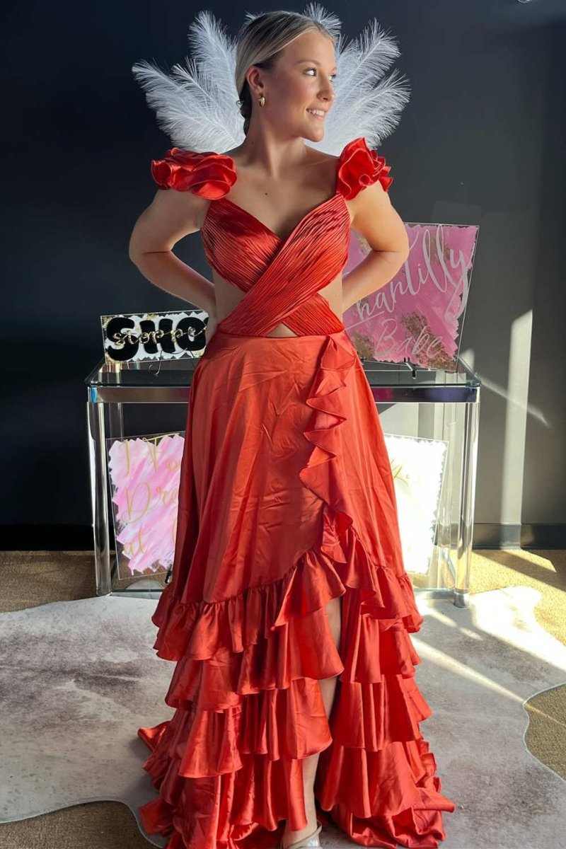 Brittany | Red Cutout Ruffle A - Line Long Prom Dress with Slit - KissProm