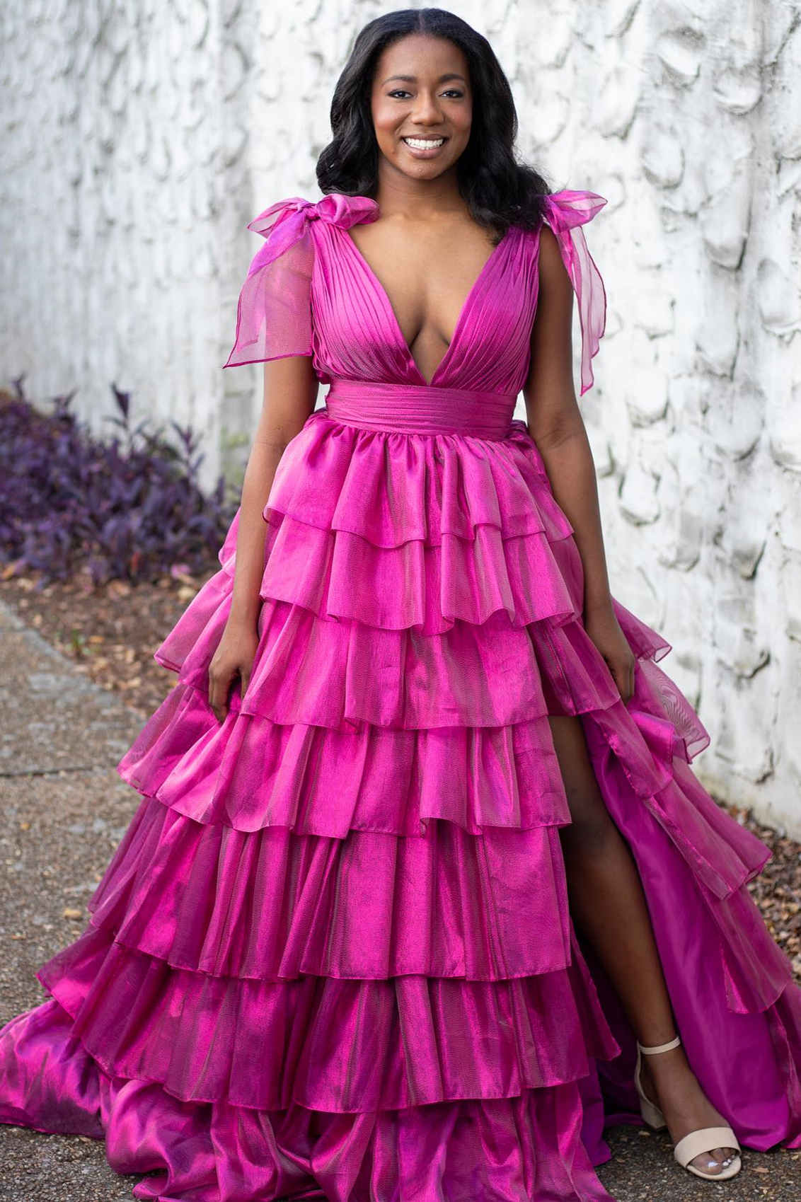 August | Glitter Tie Straps Pink Plunging Neck Tiered Long Prom Dress |  KissProm