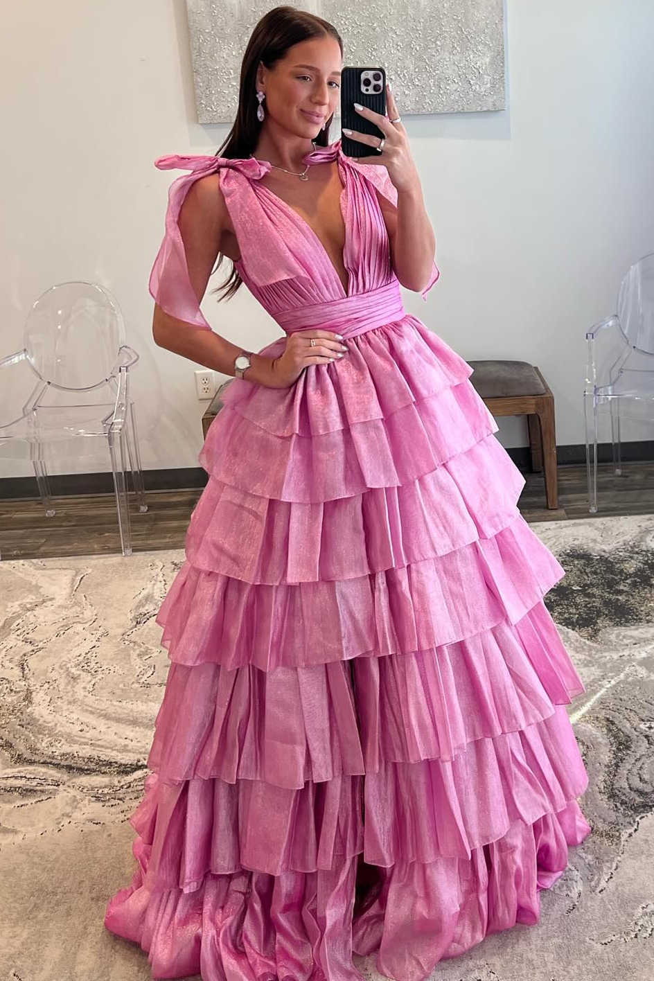 August, Glitter Tie Straps Pink Plunging Neck Tiered Long Prom Dress