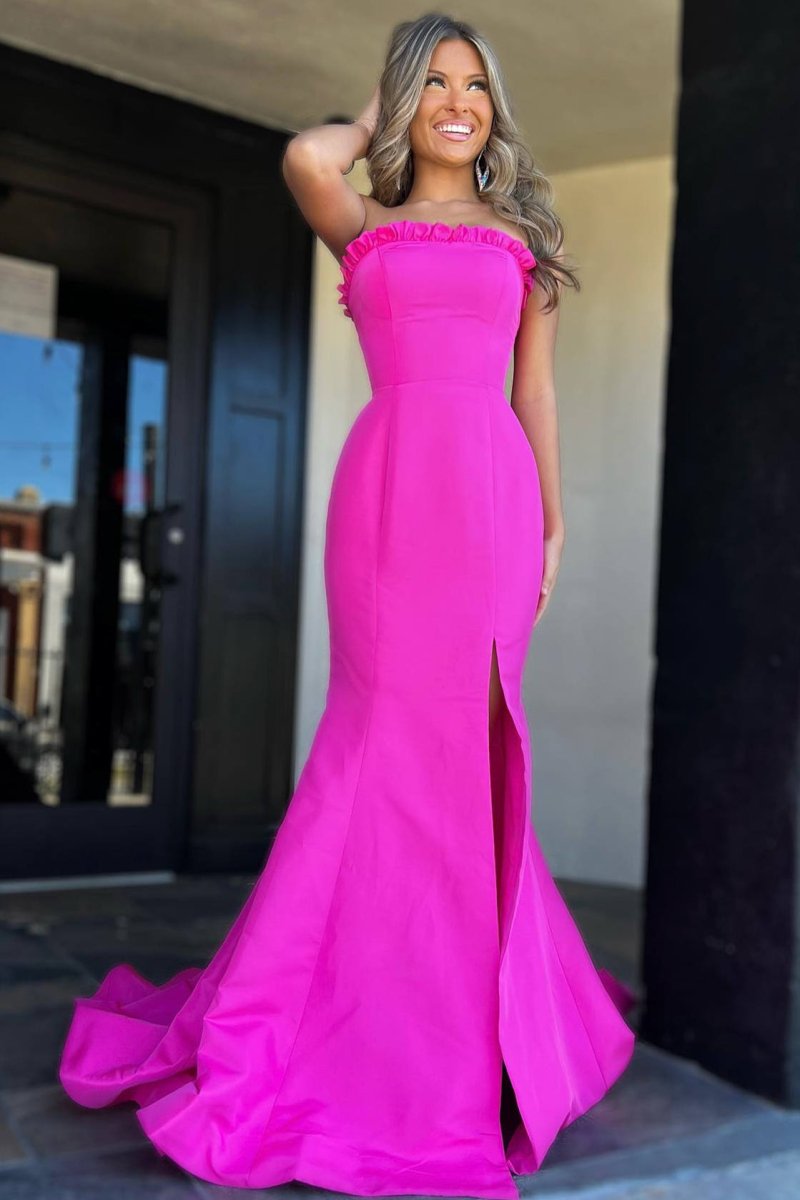 Denver | Strapless Maganta Ruffle Mermaid Slit Long Prom Dress - KissProm