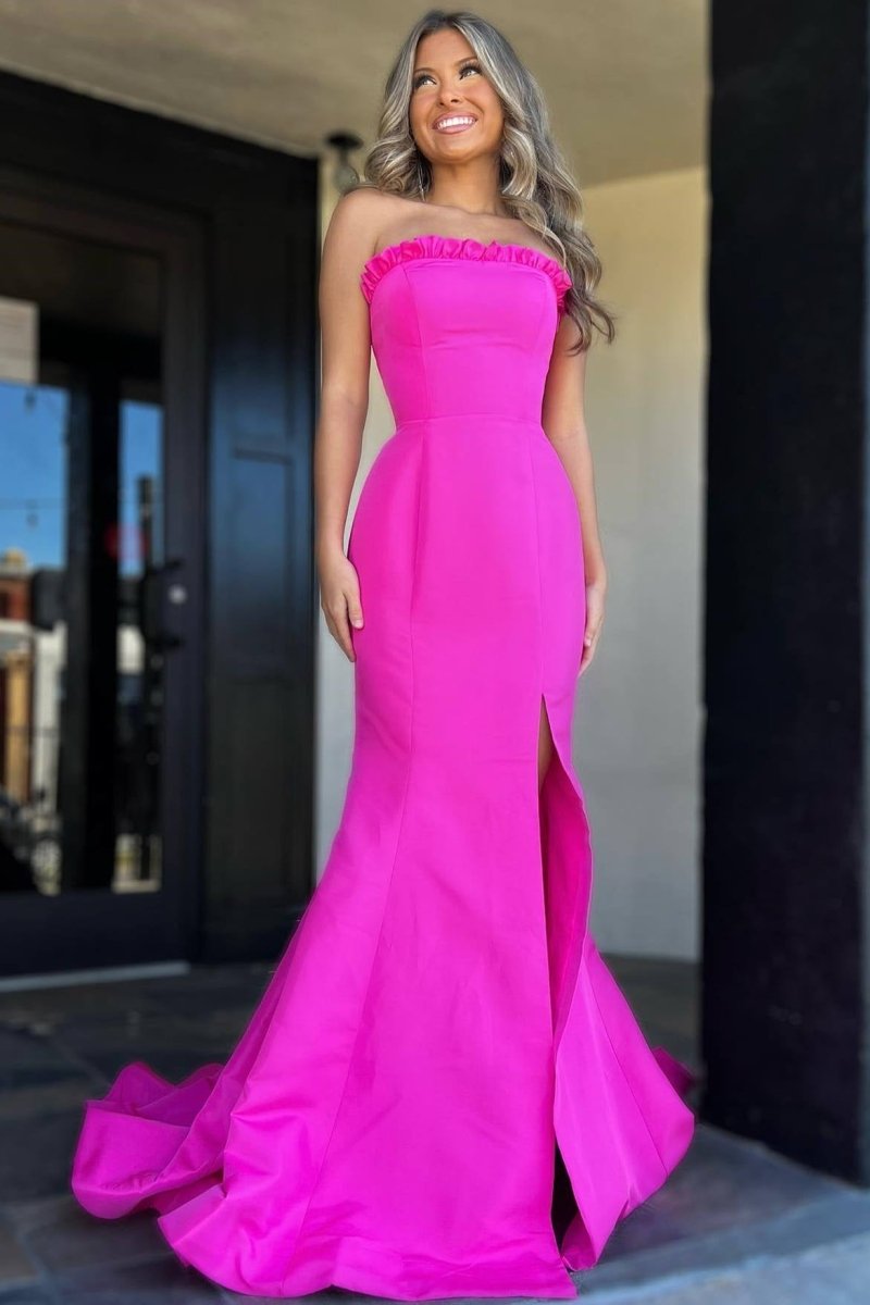 Denver | Strapless Maganta Ruffle Mermaid Slit Long Prom Dress - KissProm