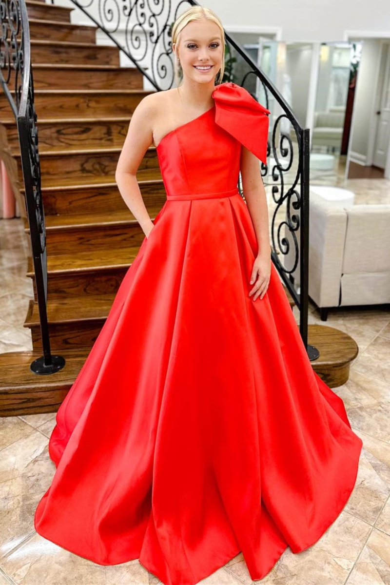 Aliya | Red One Shoulder Bow Tie Satin Prom Dress with Pockets - KissProm