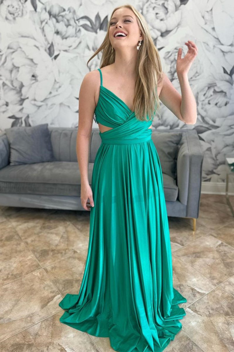 Angelique | Emerald Green Pleated A - Line Formal Dress - KissProm