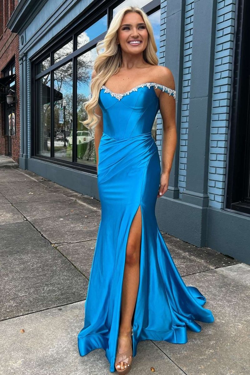 Bellamy | Mermaid V Neck Red Satin Slit Prom Dress with Beading - KissProm