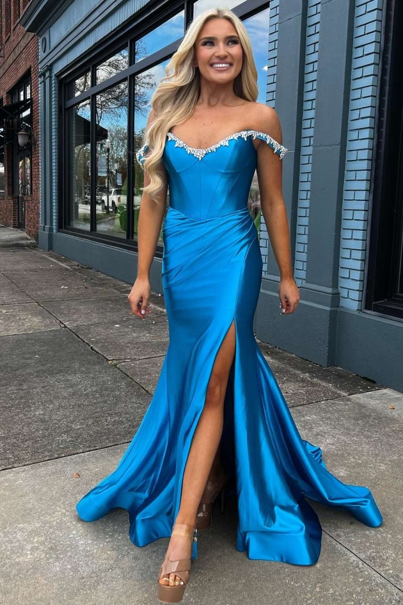 Bellamy | Mermaid V Neck Red Satin Slit Prom Dress with Beading - KissProm