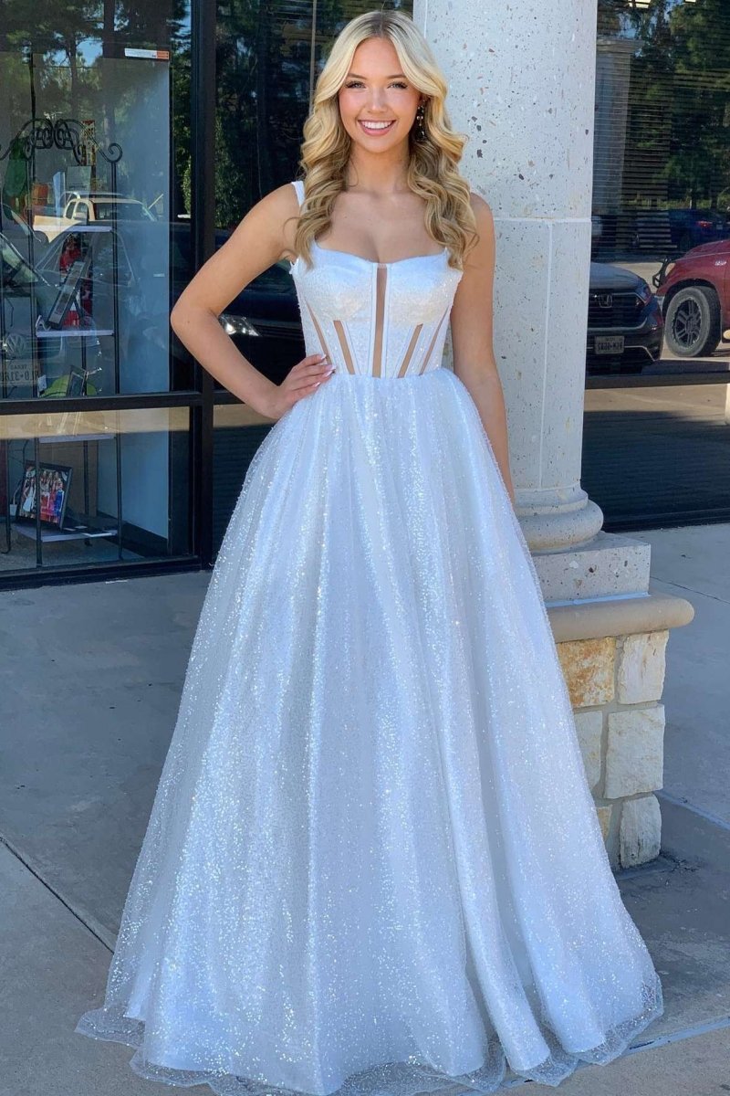 Priscilla | Square Neck White Sequin A - Line Prom Dress - KissProm