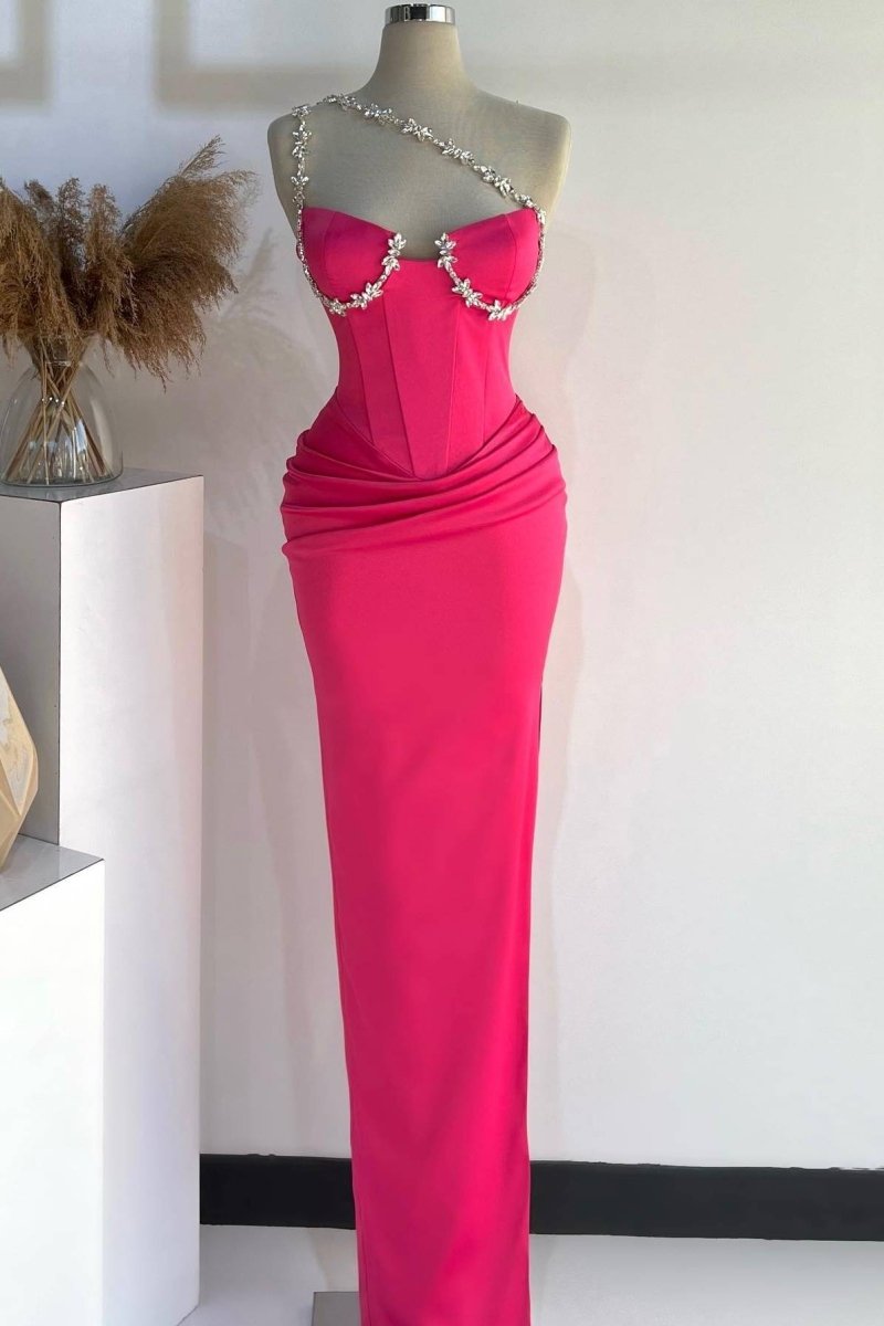 Raina | Hot Pink One Shoulder Rhinestones Pleated Long Prom Dresses - KissProm