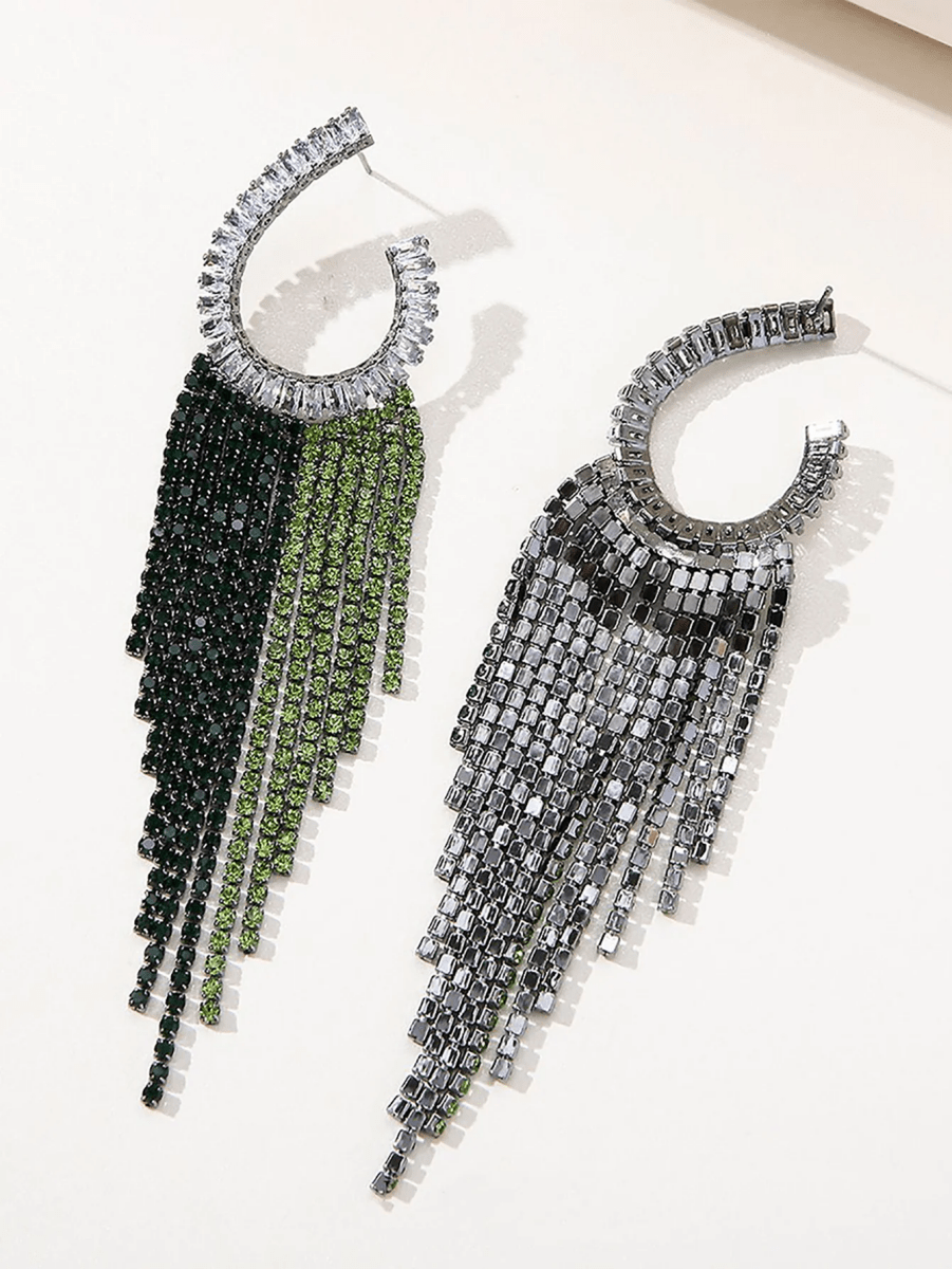 Green Statement Rhinestones Tassel Long Earrings - KissProm