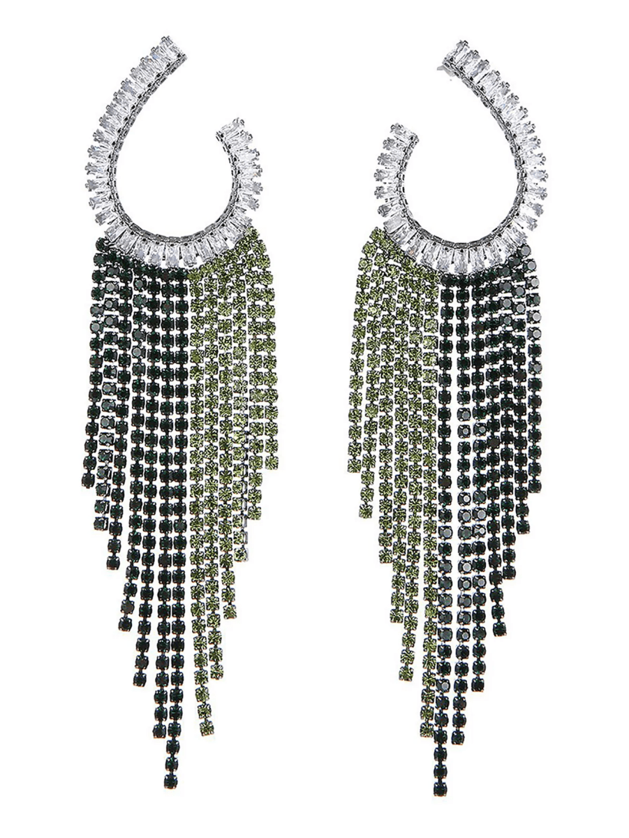 Green Statement Rhinestones Tassel Long Earrings - KissProm