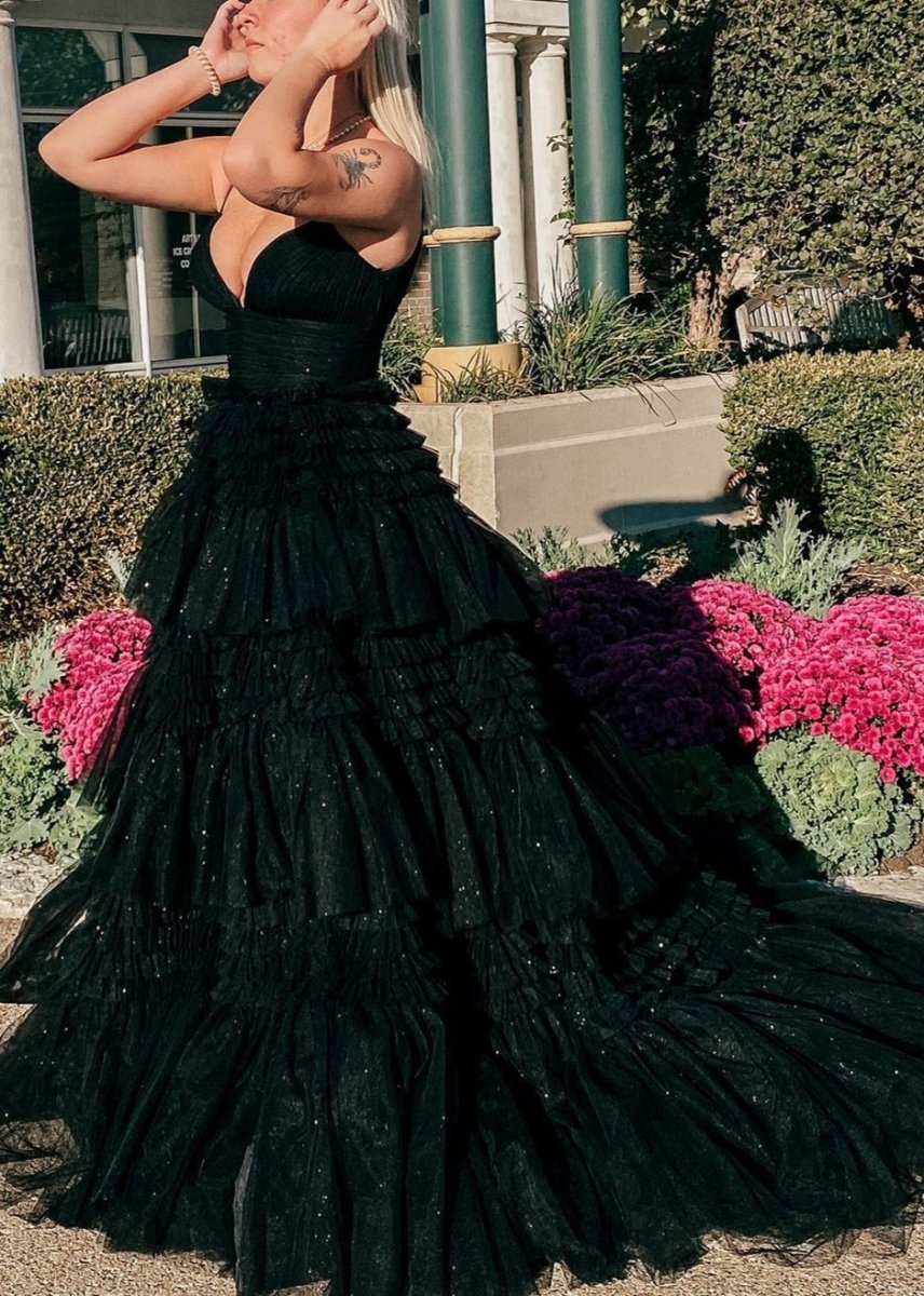 Amanda | Tulle Deep V Neck Spaghetti Straps Long Prom Dress - KissProm