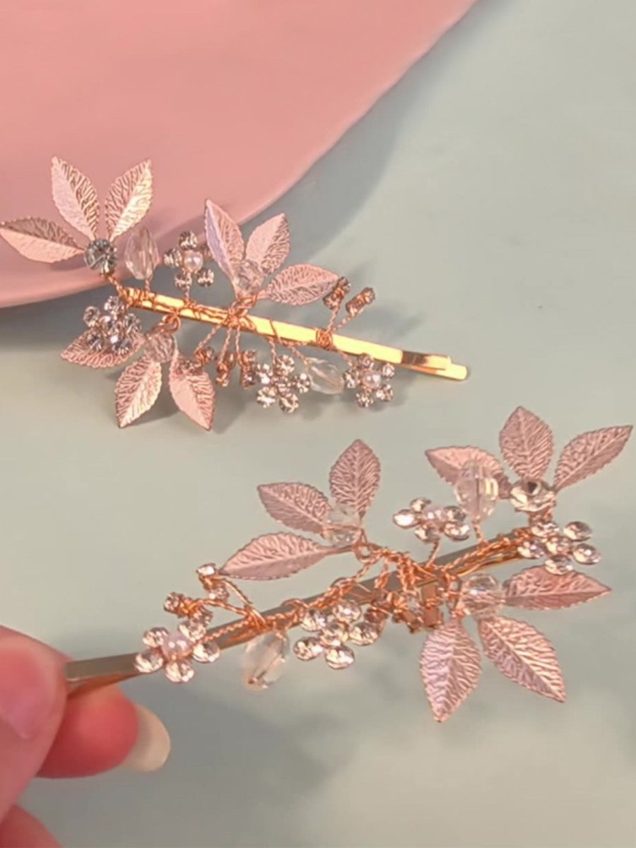 Alloy Diamond - Inlaid Golden Leaf Hair Clip - KissProm