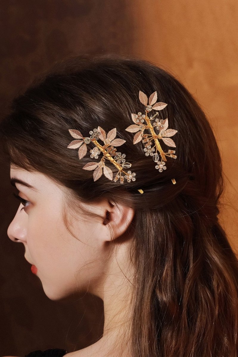 Alloy Diamond - Inlaid Golden Leaf Hair Clip - KissProm