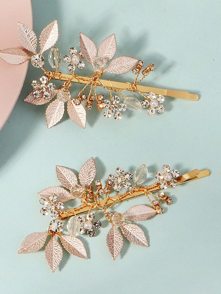 Alloy Diamond - Inlaid Golden Leaf Hair Clip - KissProm