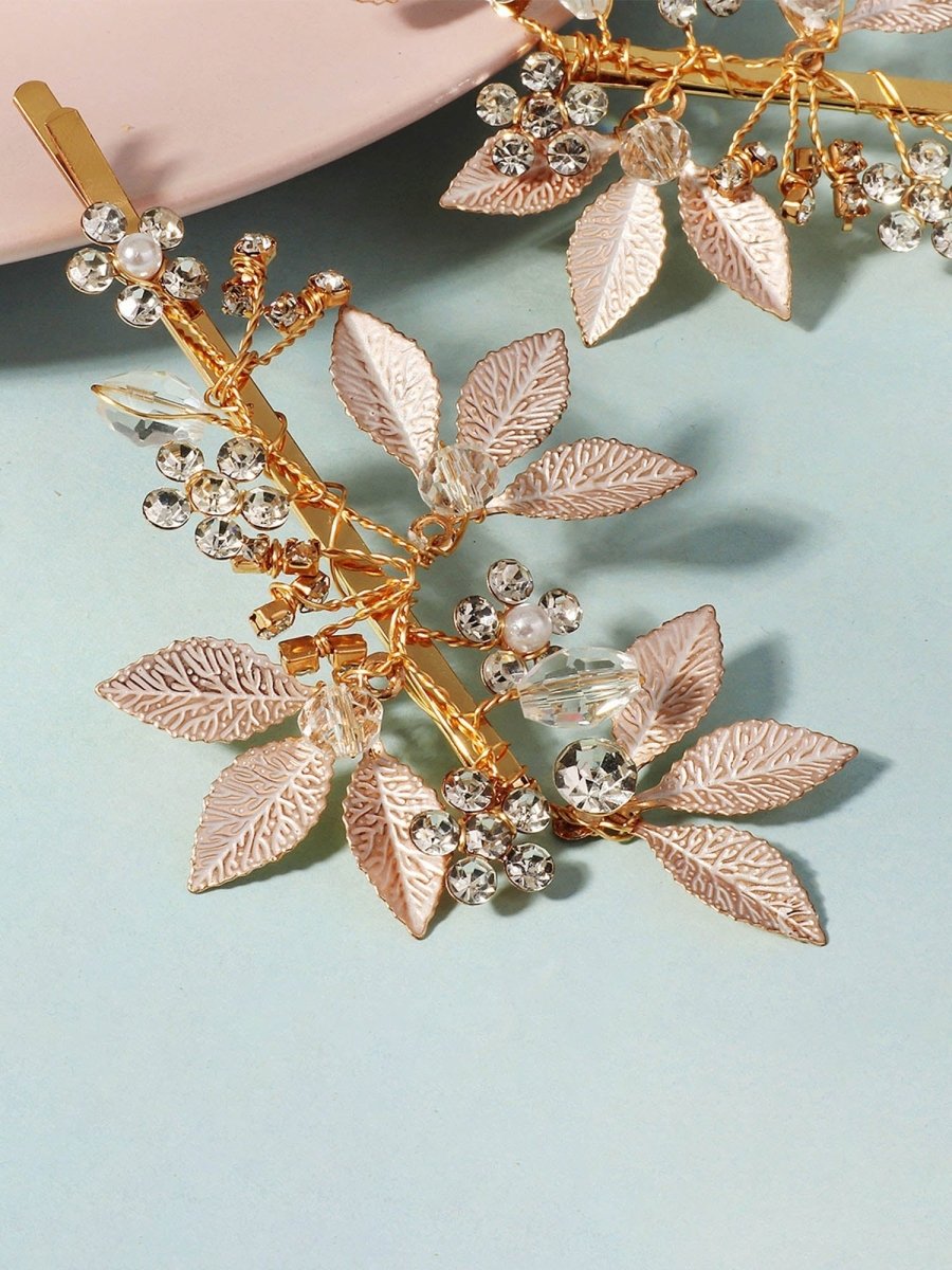 Alloy Diamond - Inlaid Golden Leaf Hair Clip - KissProm