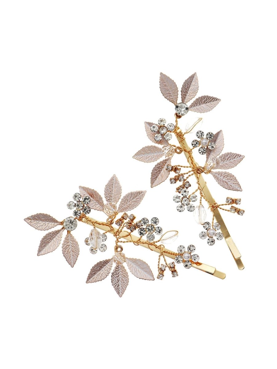 Alloy Diamond - Inlaid Golden Leaf Hair Clip - KissProm