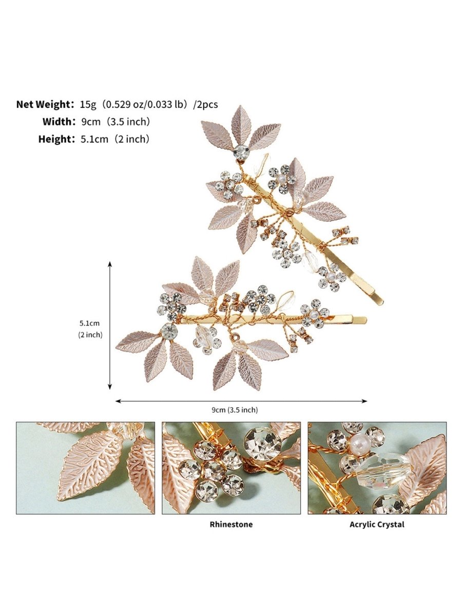 Alloy Diamond - Inlaid Golden Leaf Hair Clip - KissProm