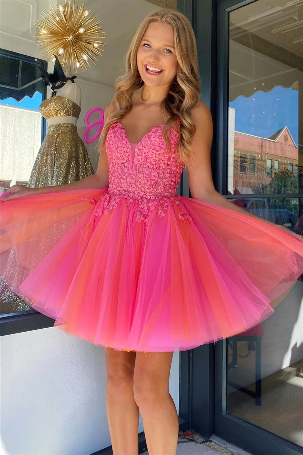 Ensley | Hot Pink V Neck Straps Appliques Tulle Homecoming Dress