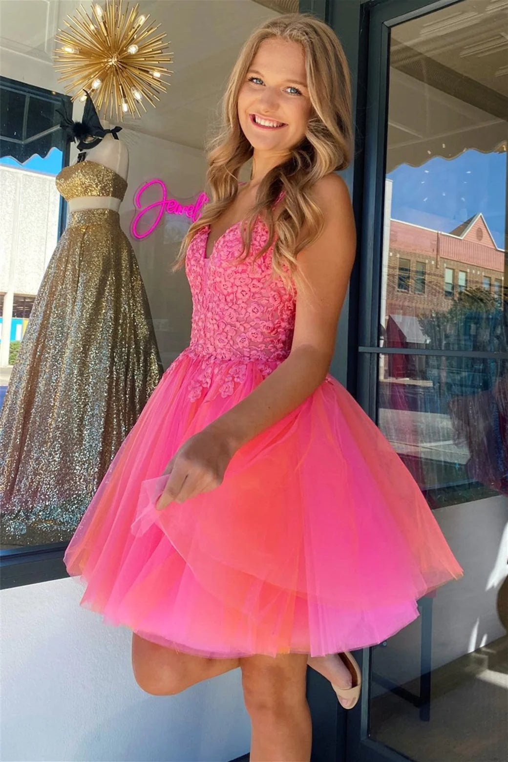 Ensley | Hot Pink V Neck Straps Appliques Tulle Homecoming Dress