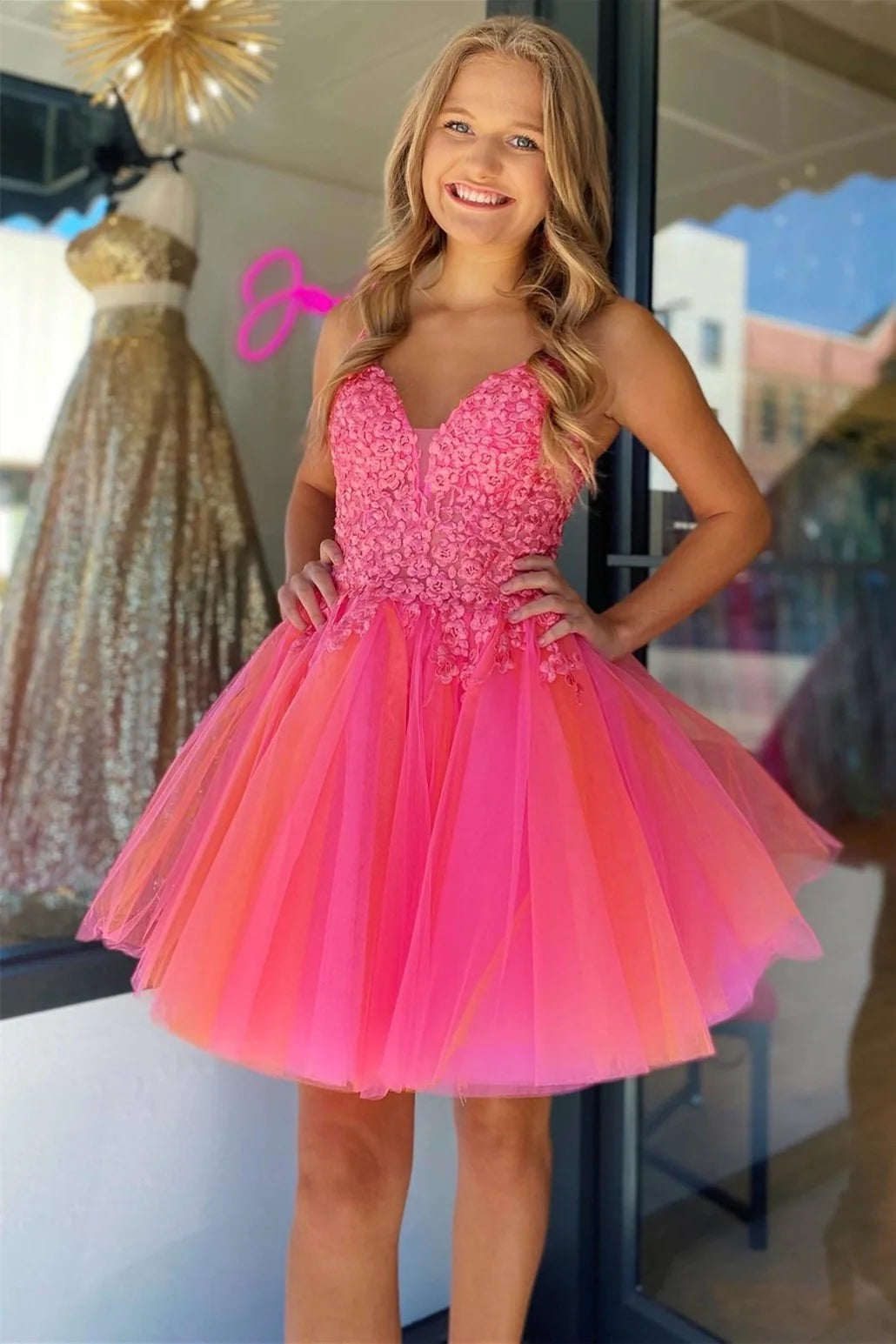 Ensley | Hot Pink V Neck Straps Appliques Tulle Homecoming Dress