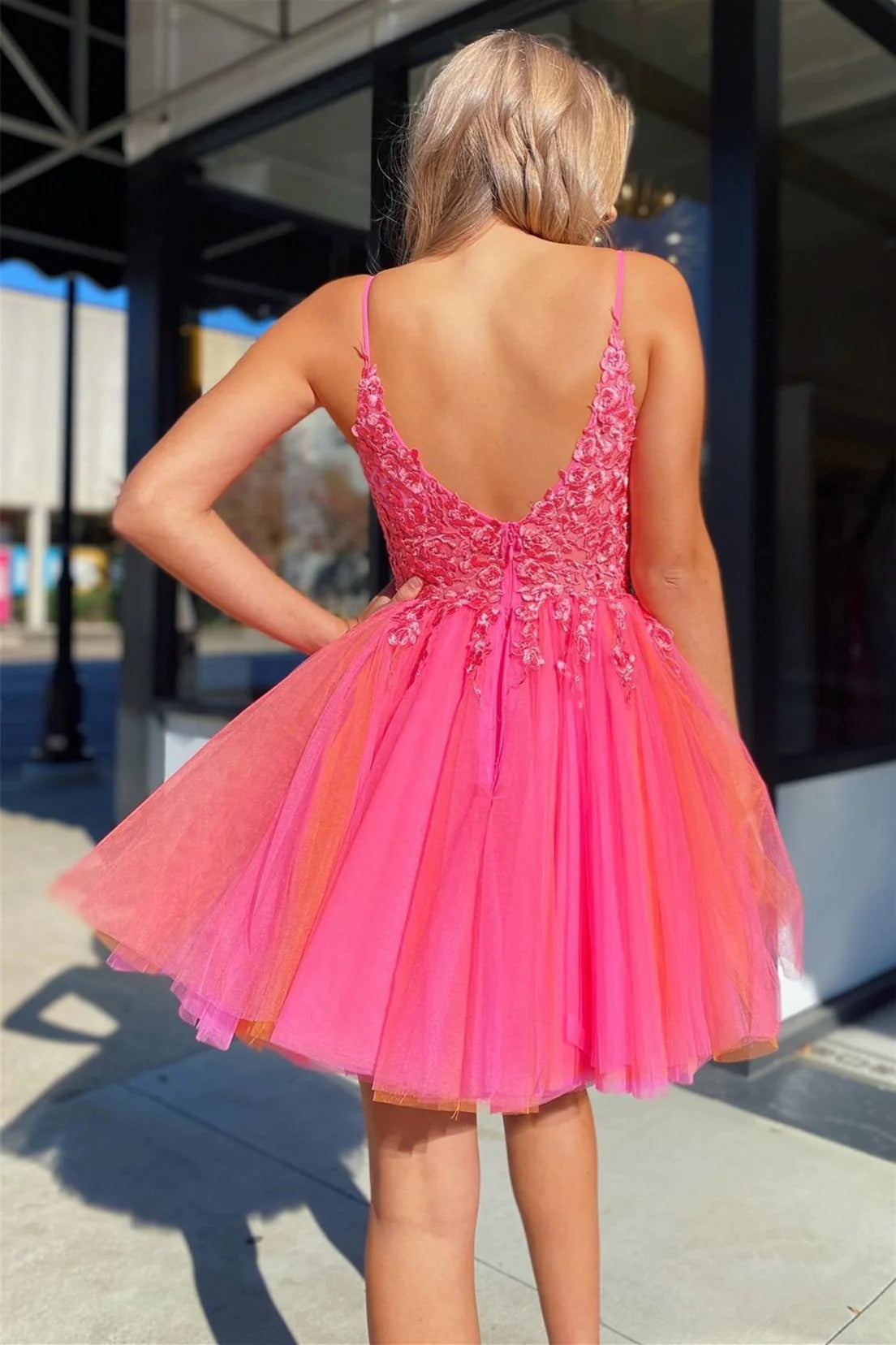 Ensley | Hot Pink V Neck Straps Appliques Tulle Homecoming Dress