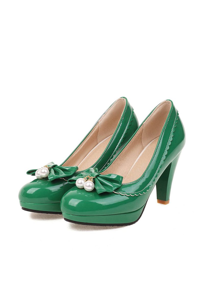 Retro Bow Pearl High Heels Shoes - KissProm