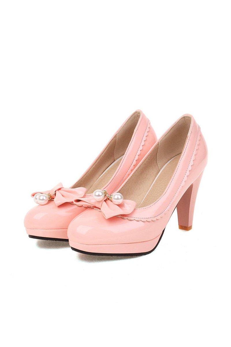 Retro Bow Pearl High Heels Shoes - KissProm