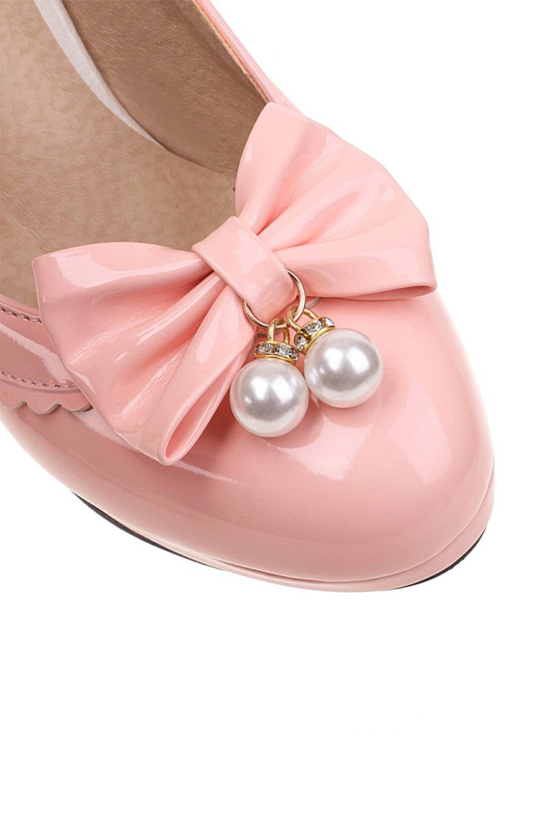 Retro Bow Pearl High Heels Shoes - KissProm